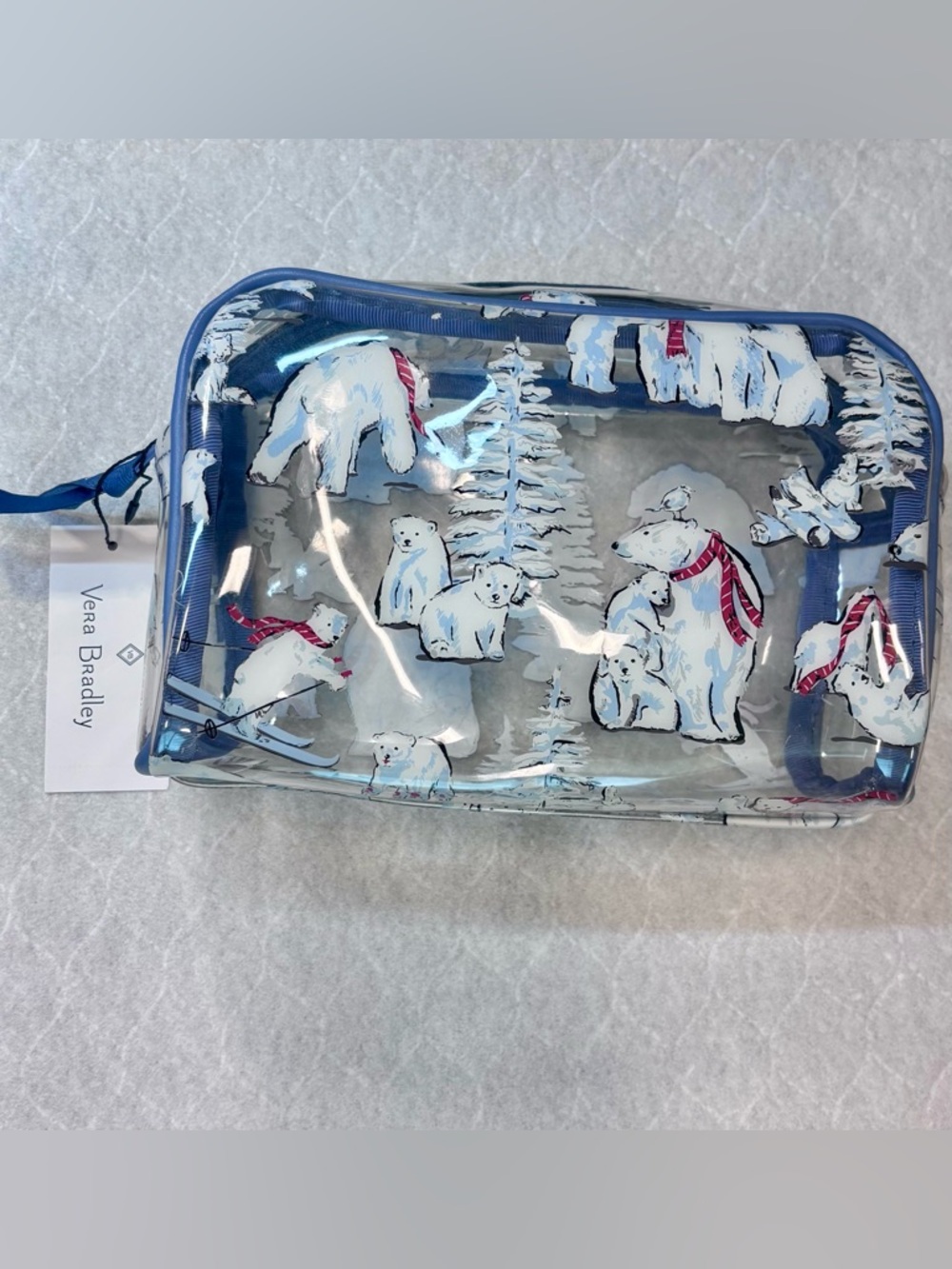 Vera Bradley Clear Cosmetic Bag with Blue Trim and Polar Bear Scarf Print